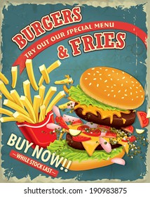 Vintage Burgers with fries set poster design