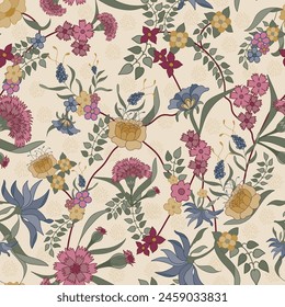 Vintage Burgundy Red, Mustard Yellow and Blue Floral of India-Inspired seamless pattern print background