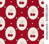 Vintage burgundy Seamless pattern with cherries, bows and polka dots. Designe for print, fabric, wallpaper, wrapping paper.