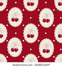Vintage burgundy Seamless pattern with cherries, bows and polka dots. Designe for print, fabric, wallpaper, wrapping paper.