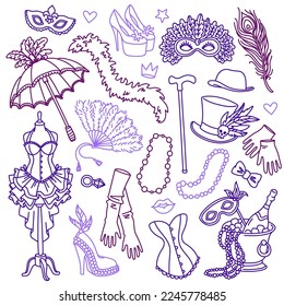 Vintage burlesque style clothes, shoes and accessories. Halloween, Mardi Gras carnival costumes. Hand drawn vector illustration. Outline stroke is not expanded, stroke weight is editable
