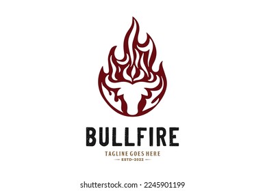 Vintage Burn Flame Fire with Angus Cow Bull Bison Longhorn Buffalo Head for BBQ Grill Logo