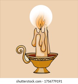 vintage burning candle in a candlestick vector illustration hand-drawn isolated on a white background