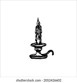 vintage burning candle on a candlestick - vector hand-drawn illustration. vintage illustration of a candle in engraving style