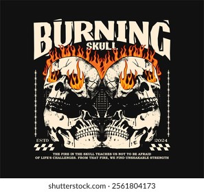 Vintage burning head skull graphic illustration in grunge style, perfect for streetwear and urban t-shirt designs, hoodies, and more