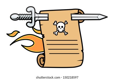 Vintage Burning Parchment Scroll Message - Vector Cartoon Illustration