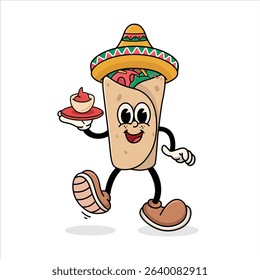 Vintage Burrito Cartoon Mascot Vector, Mexican Food Cartoon Characters