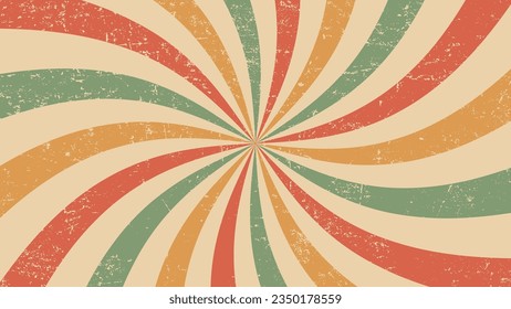 Vintage burst, circus or retro carnival sunlight rays background layout. Vector grungy backdrop with colorful muted curve radiating stripes creating hypnotic effect, evoking a sense of nostalgia