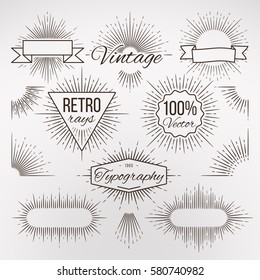 Vintage burst shape decoration for typography, retro stars light ray, sunshine sketchy radiant lines vector collection. Illustration of emblems with radiant lines