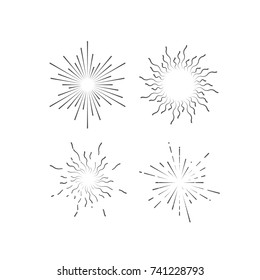Vintage burst shape set. Firework bursting shapes. Vector illustration. Linear explosions isolated on white. Decorative elements for holiday design. Radial light rays or sunbeams.