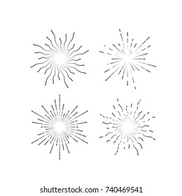 Vintage burst shape set. Vector illustration of fireworks or confetti explosions isolated on white. Radial light rays or sunbeams. Decoration elements for design.
