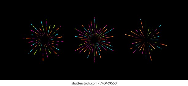 Vintage burst shape set. Vector illustration of multicolored fireworks or confetti explosions. Radial light rays or sunbeams isolated on black. Decoration elements for design.