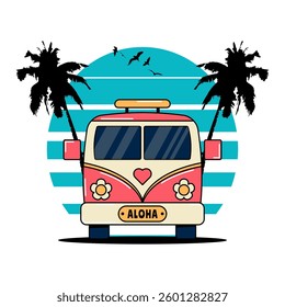 Vintage bus with palm trees and birds. Flat hippie van design for tshirt and other. Summer tourist bus, family travel. Retro vector illustration isolated on white background