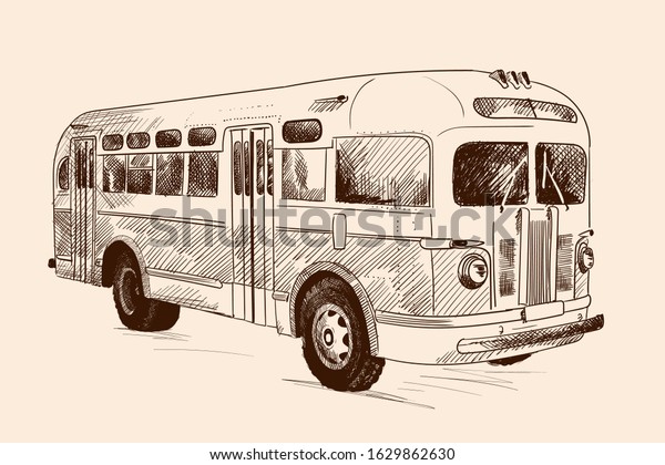 Vintage\
vintage bus. Pencil sketch on beige\
background.