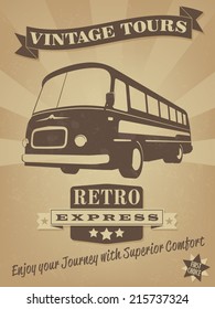 Vintage Bus Retro Advertising Poster. Vector Illustration of vintage bus with banner, badge and grunge texture