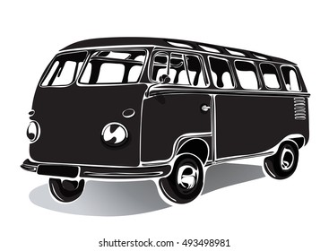 Vintage bus, retro car, black and white drawing, hand-drawing, monochrome. Isolated vector illustration