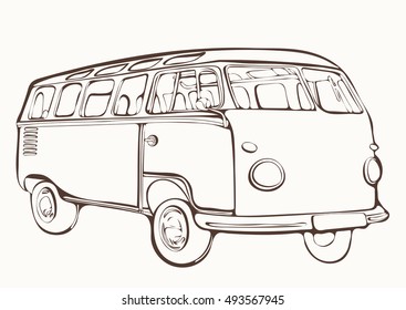 Vintage bus, retro car, painted coloring book, hand drawing, linear vector drawing, monochrome. Isolated on a white background