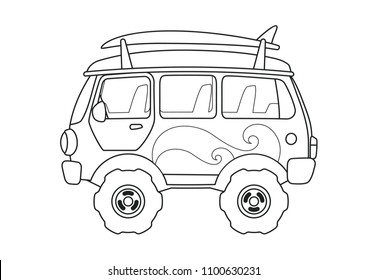 Vintage Bus Side View Coloring Book Page. Line Art