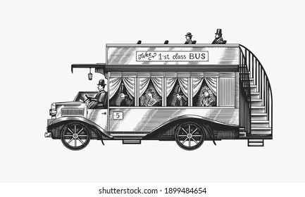 Vintage bus with tourists. Two-story old retro transport. British sightseeing car. Monochrome retro style. Hand drawn engraved sketch