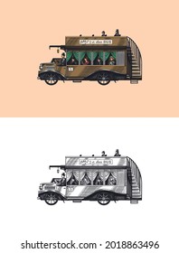 Vintage bus with tourists. Two-story old retro transport. British sightseeing car. Monochrome retro style. Hand drawn engraved sketch