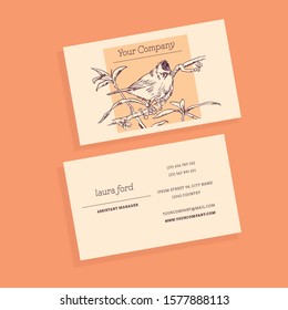 Vintage business card with realistic hand drawn bird and plants