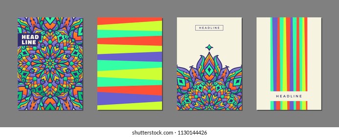 Vintage business cards set with islam, arabic, indian motifs. Colorful abstract covers.