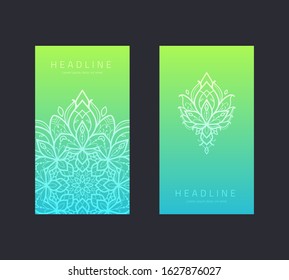 Vintage business cards set with islam, arabic, indian motifs. Colorful abstract covers.