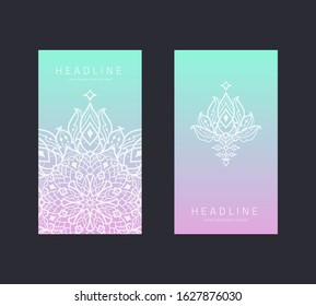 Vintage business cards set with islam, arabic, indian motifs. Colorful abstract covers.