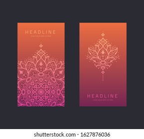 Vintage business cards set with islam, arabic, indian motifs. Colorful abstract covers.