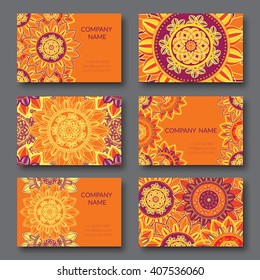 Vintage business cards set. Ornamental mandala, floral circle decorative elements.  Arabic, islam, indian, turkish, pakistan, ottoman, asian motifs. Business card vector design template.