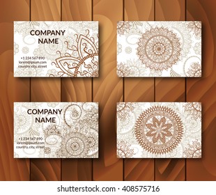 Vintage business cards set. Ornamental mandala. Indian, arabic ornaments. Mehndi henna tattoo design. Business card vector design template.