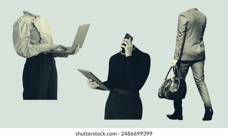 Vintage business man and woman collage, colored in yellow monochrome tone. Vector illustration