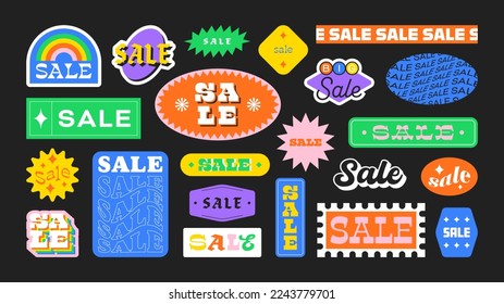 Vintage business sale sticker collection. Set of trendy retro 90s cartoon label for store discount, online promotion or social media post. Fun y2k style graphic element bundle.