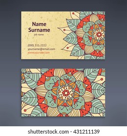 Vintage business and visiting card with floral mandala pattern. Ethnic oriental design. Vector illustration