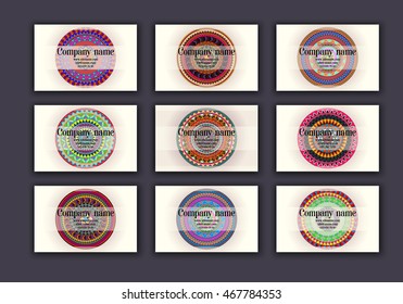 Vintage business visiting cards set. Ornamental mandala, ethnic circle decorative elements in boho style.