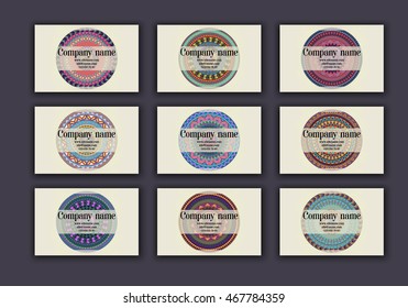 Vintage business visiting cards set. Ornamental mandala, ethnic circle decorative elements in boho style.