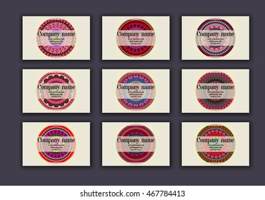 Vintage business visiting cards set. Ornamental mandala, ethnic circle decorative elements in boho style.