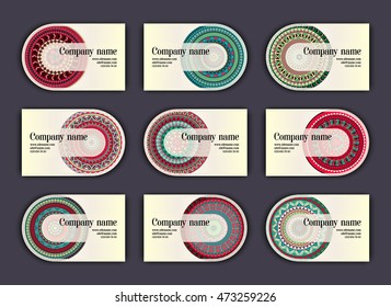 Vintage business visiting cards set. Ornamental mandala, ethnic circle decorative elements in boho style.