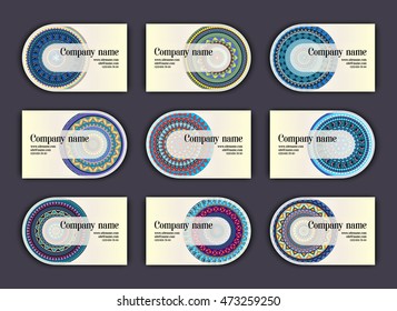 Vintage business visiting cards set. Ornamental mandala, ethnic circle decorative elements in boho style.