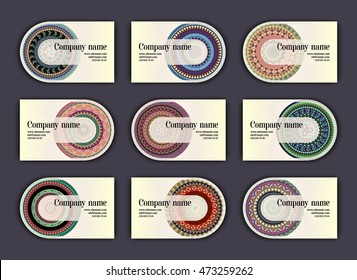 Vintage business visiting cards set. Ornamental mandala, ethnic circle decorative elements in boho style.