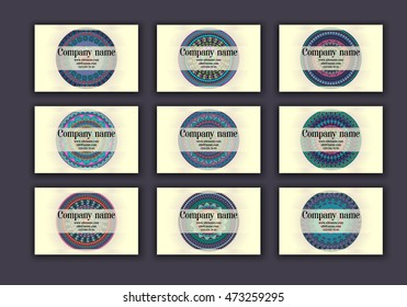 Vintage business visiting cards set. Ornamental mandala, ethnic circle decorative elements in boho style.