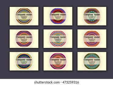 Vintage business visiting cards set. Ornamental mandala, ethnic circle decorative elements in boho style.
