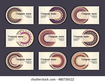 Vintage business visiting cards set. Ornamental mandala, ethnic circle decorative elements in boho style.