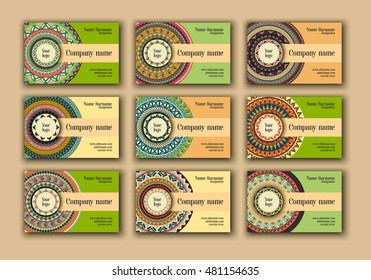 Vintage business visiting cards set. Ornamental mandala, ethnic circle decorative elements in boho style.