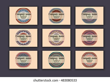 Vintage business visiting cards set. Ornamental mandala, ethnic circle decorative elements in boho style.