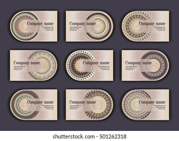Vintage business visiting cards set. Ornamental mandala, ethnic circle decorative elements in boho style.