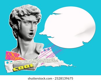 Vintage bust of a man statue with halftone effect. Elements cut from newspaper mixed with pencil scribbles and a torn speech bubble. Retro collage.