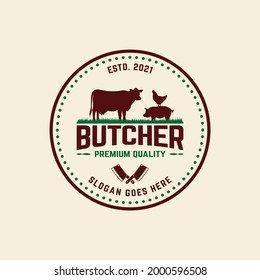 Vintage Butcher Badge Label Stamp Emblem with Symbol of Cow Pork Chicken. Suitable for Butchers Butchery Deli Beef Meat Shop Market in Hipster Retro Style Logo Design Template.