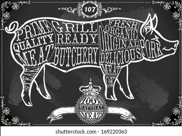 Vintage Butcher chalkboard Blackboard Cut of Pork swine meat Beef. Butchery Pig Food Chalk Shop. Retro Menu Restaurant. Butchery Blackboard. Food Vintage Menu Background Infographic Vector Image