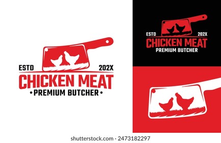 Vintage Butcher Knife with Chicken Hen Logo Design Template. Suitable for Butchers Butchery Deli Delicatessen Meat Shop Restaurant or Livestock Poultry Cattle Farm Vector Logo.